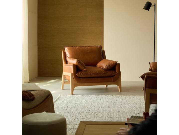 Woodnest - Sessel aus massivem Eichenholz und braunem Leder - Braun