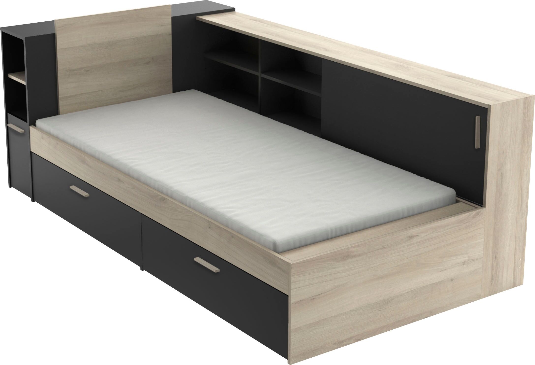 Stauraumbett DEMEYERE GROUP "Life", schwarz (kronberg eich, schwarz, kronberg eich schwarz), B:119,5cm H:87,71cm L:229,41cm, Betten, Stauraumbett, ideal für kleine Räume, platzsparend, viel Stauraum kronberg eich, schwarz, kronberg eich schwarz Liegefläch