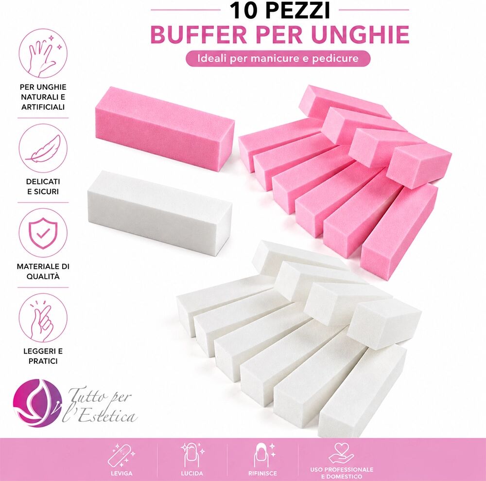 Tuttoperlestetica Mattoncino Buffer per Unghie Professionale Bianco o Rosa – Confezione da 10 Pezzi BIANCO