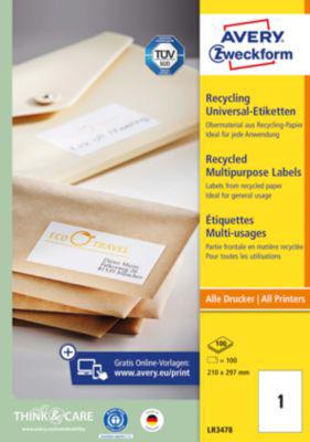 Etiketten AVERY® Zweckform, für Druckertyp Inkjet/Laser, rechteckig, A4 Format, Papier, naturweiß, 100 Etiketten, B 297 x H 210 mm