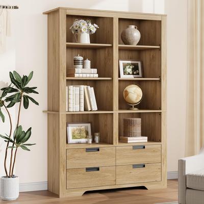 Garvee "72"" Farmhouse 6-Tier Double Wide Bookshelf w/ 4 Drawers"