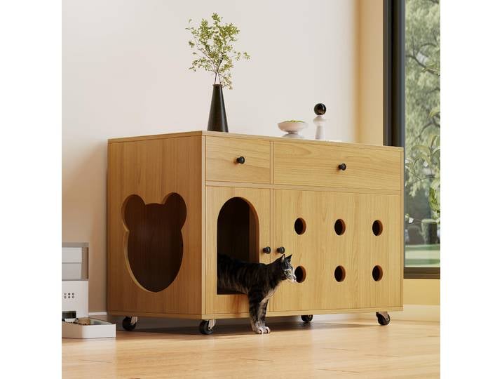 Armoire-lit pour chat en bois avec tiroirs et roulettes, meuble multifonctionnel pour chat/toilette portable pour chat/armoire de rangement, contrôle efficacement les odeurs, convient à la décoration