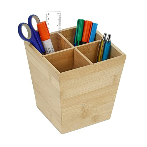 Relaxdays Pennenbak bamboe met 4 vakken, beige/bruin, H x B x D: 15,5 x 14,5 x 14,5 cm