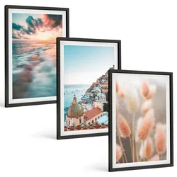 BILDER SET 3er Set - 40x60 cm Schwarzer Rahmen - Sonnenuntergang am Meer, Häuser, Blumen