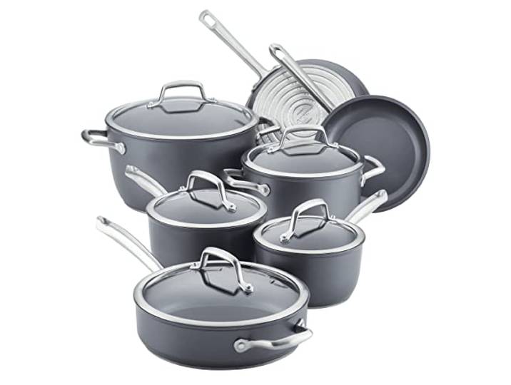 Anolon 81133 Accolade harteloxiertes Präzisions-Schmiede-Kochgeschirr-Set mit Glasdeckeln, 12-teiliges Topf- und Pfannenset, Moonstone