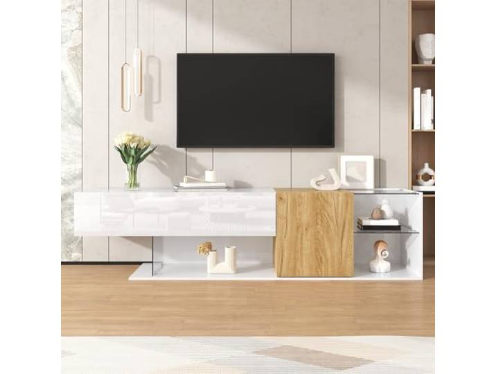 Merax LED TV-Kommode Hochglanz Weiß mit Holzoptik und Glasregalen – Stilvoller TV-Schrank, Reichlich Stauraum, Minimalistisches Design für Wohnzimmer 180x38x48cm