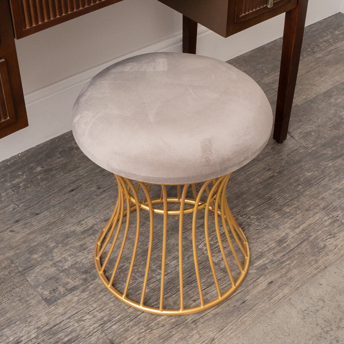 Gold & Grey Metal Detailed Upholstered Dressing Table Stool Material: Furniture/Stools