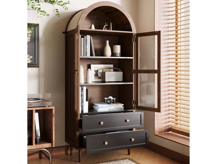 Vitrine Haute avec Portes Vitrees et Etageres Reglables 70 × 38 × 168 cm - LPOSPI - MDF et Verre Decor Noyer