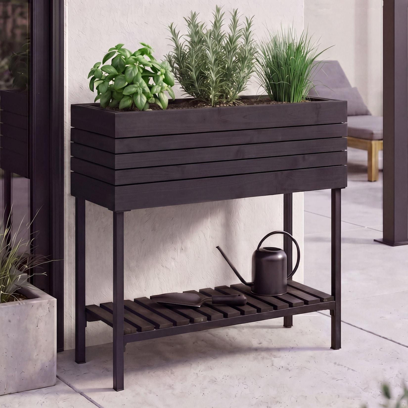 Hochbeet MCW-P84, Pflanzbeet Blumen-/Pflanzkasten Pflanzkübel, Ablage Outdoor Akazie Holz MVG 79x80x31cm ~ schwarz