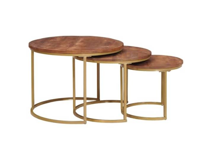 Tmriohed 3er Set Couchtisch Nesting Massivholz Mango Honigbraun Stahl Platzsparende Beistelltische im 3er Pack für Wohnzimmer, runde Form ohne scharfe Kanten, flexibel stapelbar.