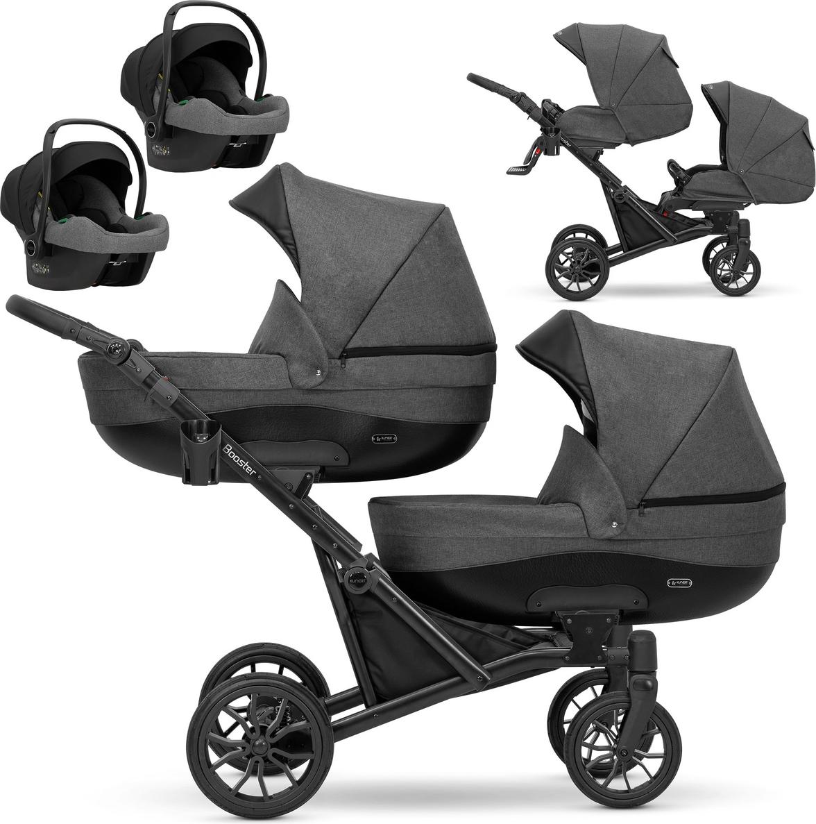 Kinderwagen BOOSTER 3 in 1 Komplettset Zwillingskinderwagen Geschwisterwagen Zwillingsbuggy Doppelkinderwagen (Graphit)