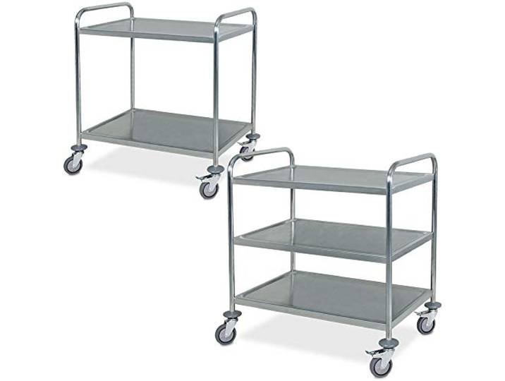 BRB 2 Servierwagen/Etagenwagen aus Edelstahl, 1x mit 2 Böden, 1x mit 3 Böden