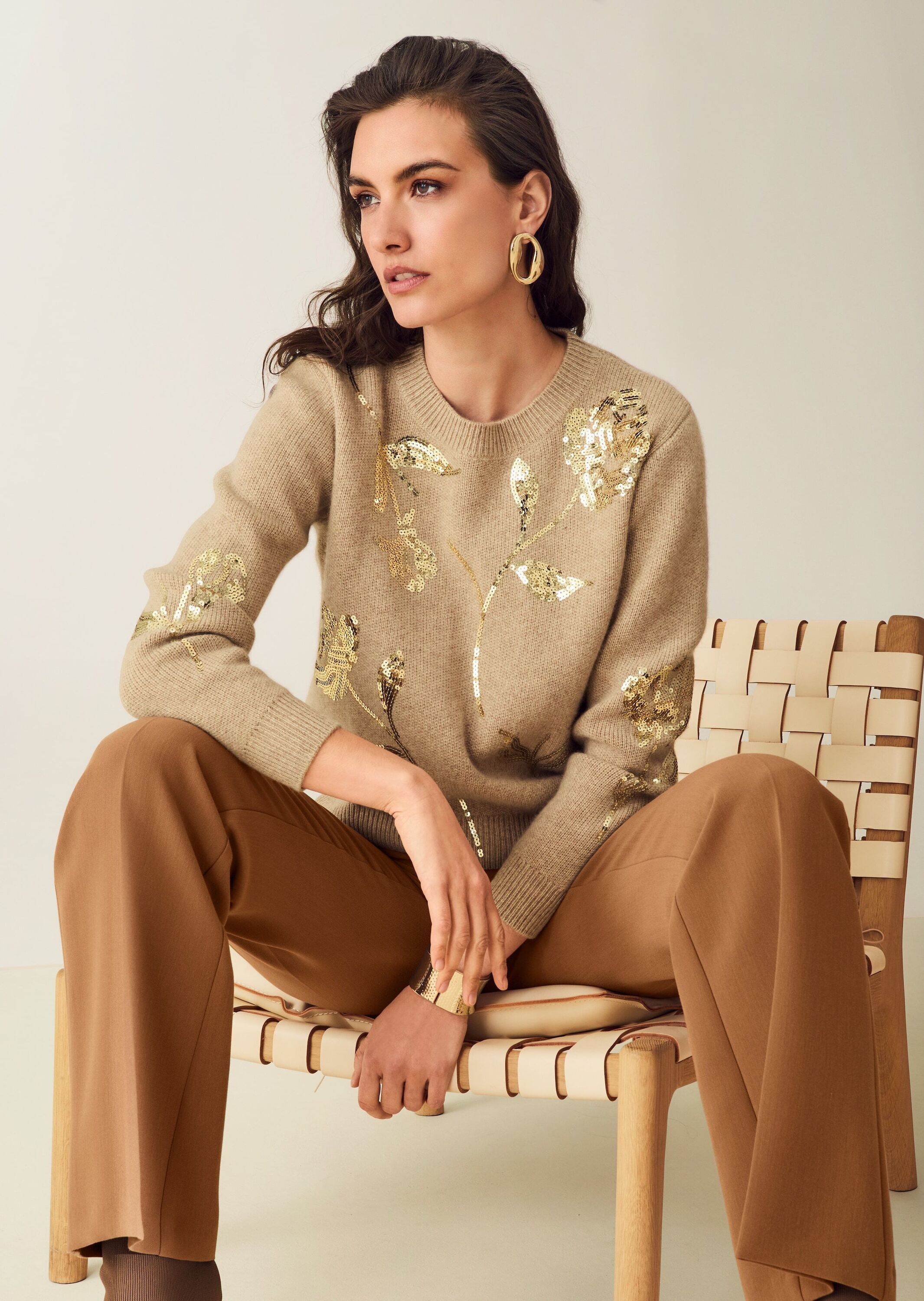 Longpullover MADELEINE "Strickpullover Glamouröser Wollpullover mit Pailletten", Damen, Gr. 34, beige (beige, melange, goldfarben), Obermaterial: 45% Wolle mw. 30% Kaschmir WS. 15% Viskose CV. 10% Polyamid PA., Modern, Pullover Longpullover, Mit Paillette