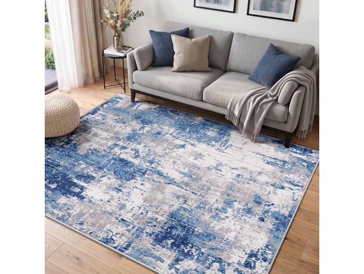 Tapis de Salon Lavable en Machine 120x180 cm Bleu/Gris Tapis Salon Tapis Chambre Abstrait Moderne Antidérapant Cuisine Douce
