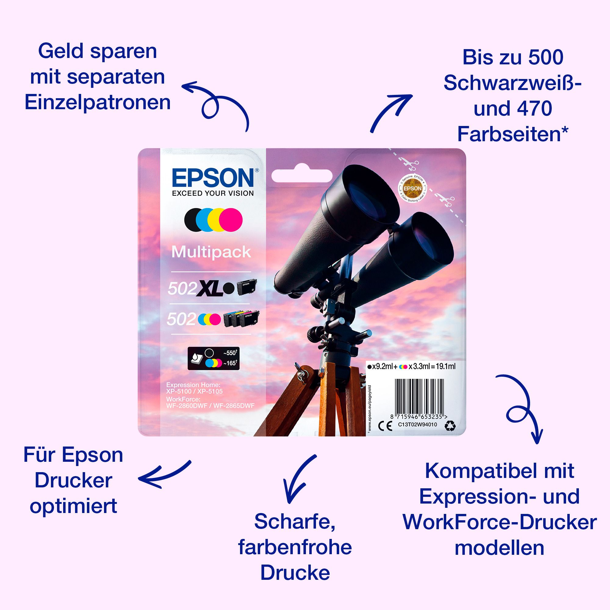 Epson 502 C13T02V64010 originale Schwarz, Cyan, Magenta, Gelb 4,6 ml 3,3 ml 210 Seiten
