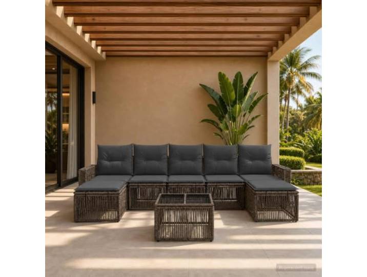 YUTAASU Garten-Sofaset 8-teilig Grau Poly-Rattan Modulares Sofa Wetterbeständig, Abnehmbare Polyester-Kissen, Verstellbare Fußpolster, Pflegeleicht