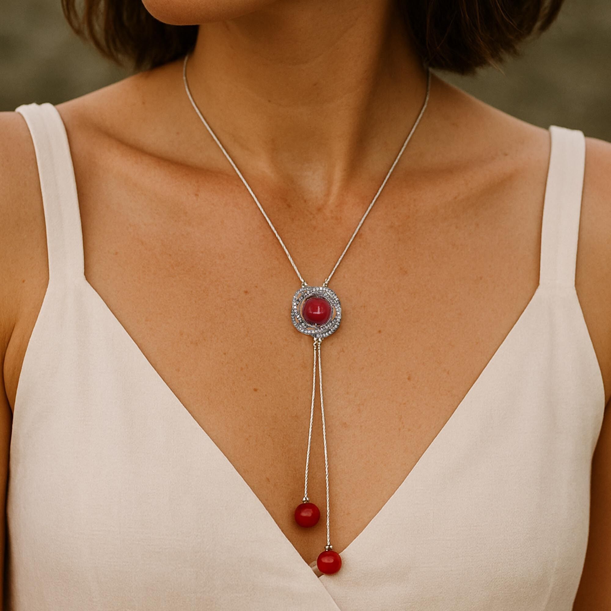 Collierkettchen STEUER "Metall glanz Glasstein weiß Kunststoff rot", rot (silber), Halsketten, Damen, 82,0cm, Metall, L: 82, glänzend