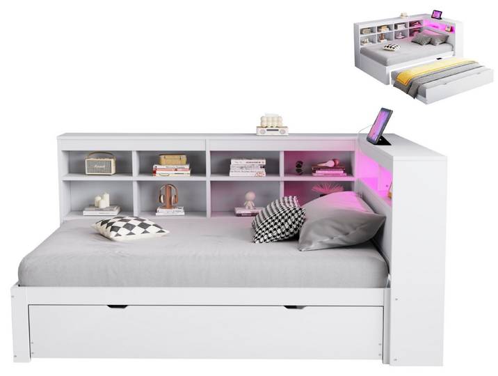SeedWave Holzbett Multifunktionales Tagesbett Funktionbett mit Ausziehbett 90×200cm, Stauraumbett mit zehn offnen Fächern, USB-Anschluss