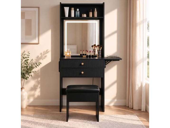 GarveeHome LED-Schminktisch mit Spiegel & Hocker 50x45x153 cm Kompakter Frisiertisch mit 2 Schubladen, – Schwarz