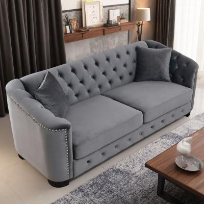 Velvet Chesterfield Sofa with Tufted Backrest and Nailhead Arms
