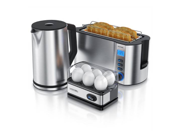 Arendo Frühstücks-Set Wasserkocher 1,5l, 4-Scheiben Toaster, 6er Eierkocher, Silber (3-tlg), Edelstahl, BPA-frei, GS-geprüfte Sicherheit, fürs Familienfrühstück