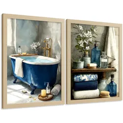 POSTER 2er-Set dekorative Badezimmer-Poster, moderne Wandbilder für Waschbecken, elegante Dekoration mit blauer Badewanne Leichter Holzrahmen A4