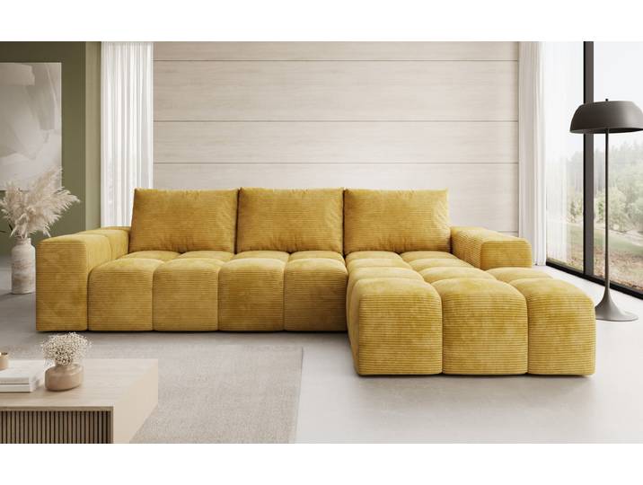 Designer Ecksofa Aila mit Schlaf- und Klappfunktion in Cord - Cord - Safran - Rechts - Luxusbetten24