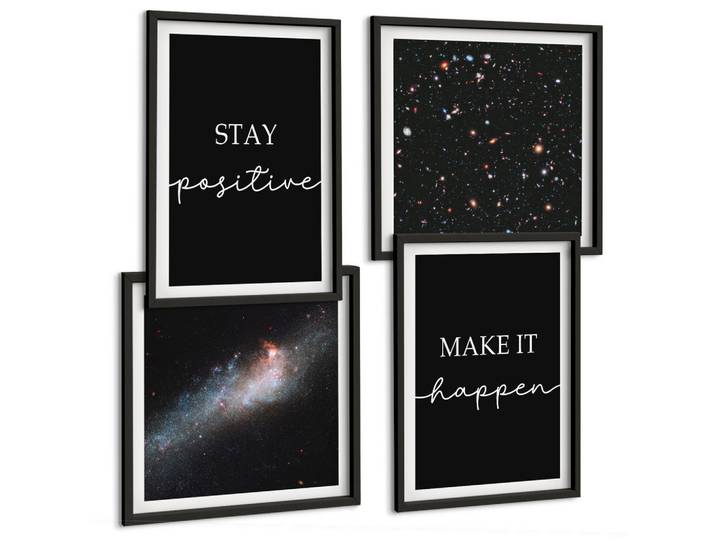 BILDER SET 4er Set - 50x50 cm & 40x60 cm Schwarzer Rahmen - Motivationsslogans Sterne Weltraum