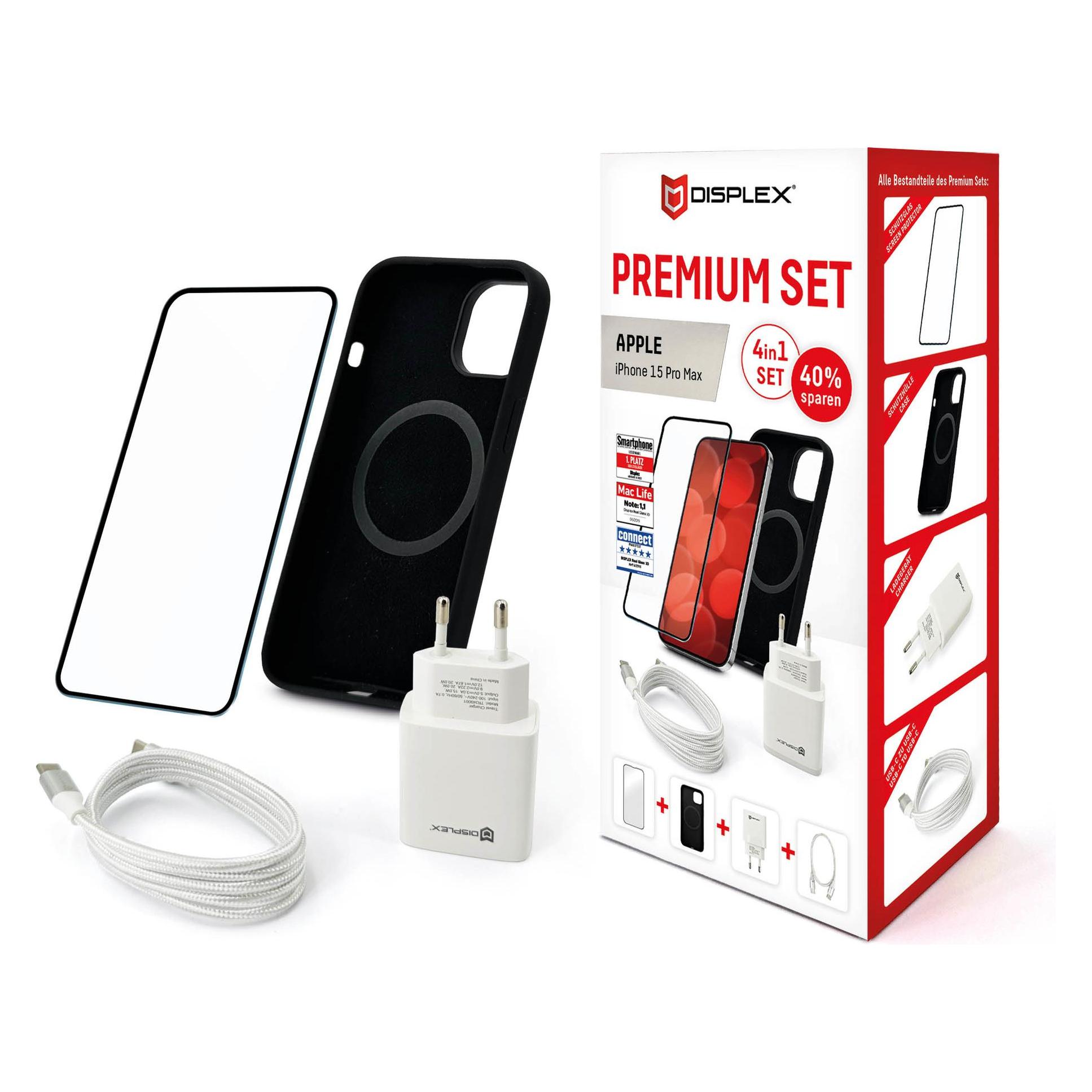 Displex 4 in 1 Premium Set (Full Cover Panzerglas, Schutzhülle, Ladegerät, Ladekabel) (1 Stk., Apple iPhone 15 Pro Max) (01871)