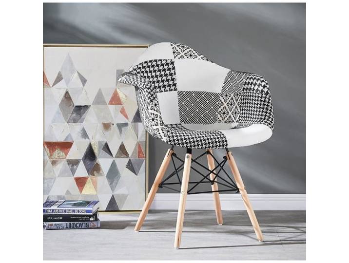 Chaise Scandinave - LIFE INTERIORS - Avec Accoudoirs - Tissu Patchwork Noir & Blanc