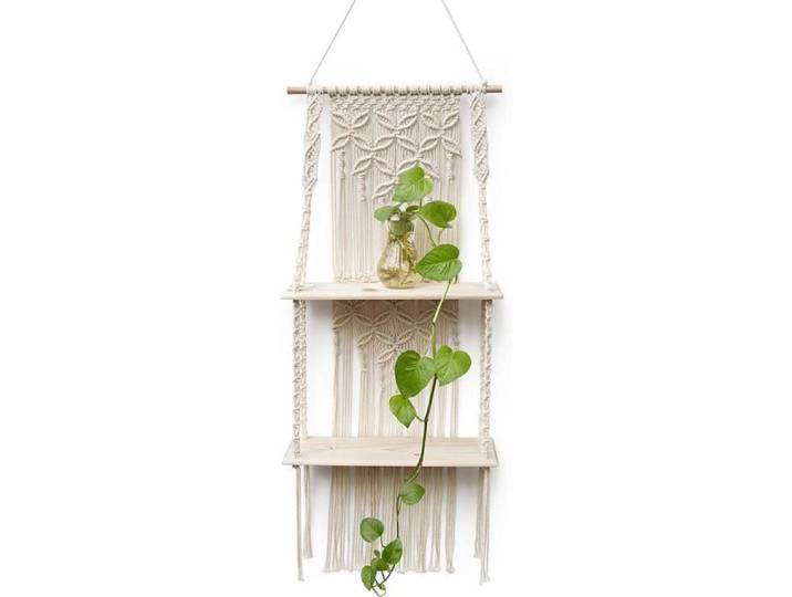 Etagère Murale - ZGEER - Bois Massif - 40x15 cm - Hauteur 120 cm - Macramé Ajustable