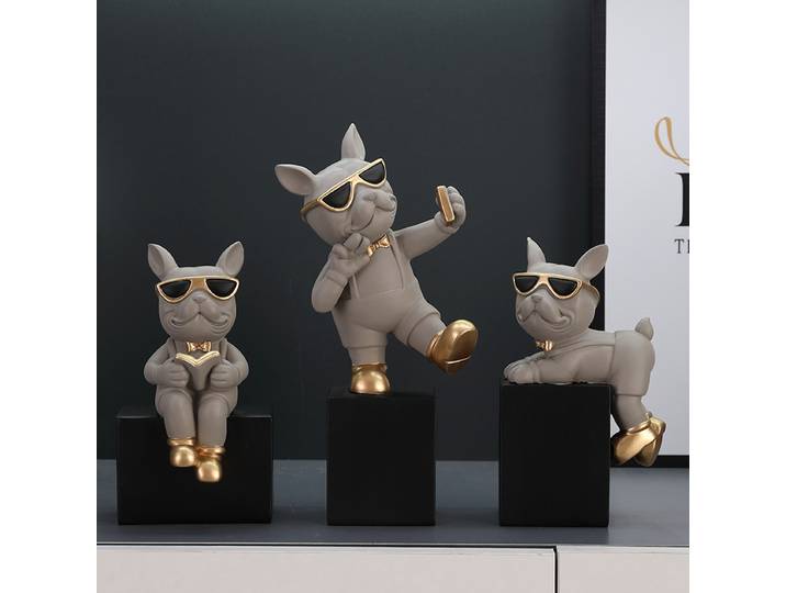 Ensemble de 3 Ornements en Résine Bouledogue Français Minimaliste Moderne Luxe Léger : Décoration Salon/Meuble TV/Armoire à Vin & Cadeaux