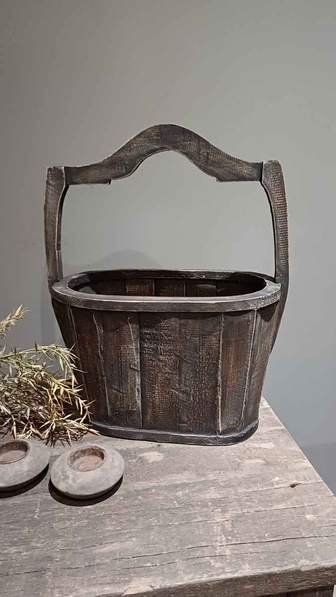 Decoratieve houten emmer in landelijke stijl, Hoogte: 43 cm