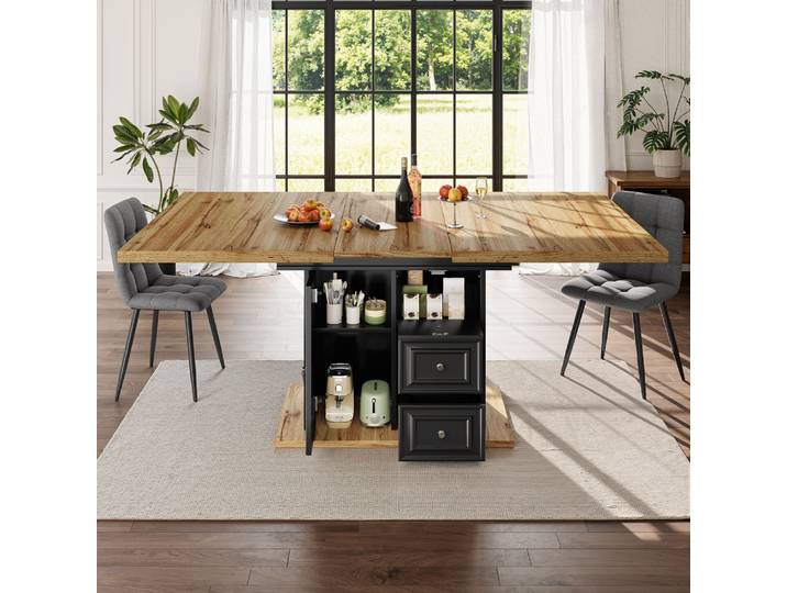 Table à manger LED PINGGO 110(140)x80x75cm, table en bois pour 6 personnes, pour cuisine, salle à manger, terrasse, jardin