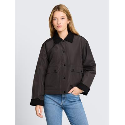 Blouson TOM TAILOR DENIM, Damen, Gr. XXL, braun (coal mine grau), Web, Obermaterial: 100% Polyester. Futter: 100% Polyester, unifarben, lässig geschnitten hüftbedeckend, Rundhals, Aufschlag, Jacken Blouson, Ärmel mit Aufschlag und Druckknopf-Verschluss