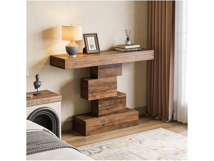 ROVRYN table console 108 x 30 x 80 cm avec socle geometrique et aspect bois marron fonce