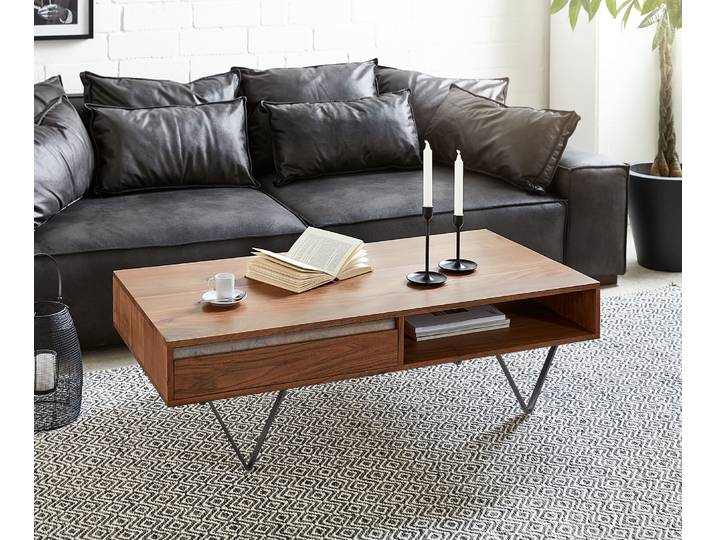 Table basse Stonegrace 115x60 cm Acacia marron ardoise 2 tiroirs 1 compartiment Pied en V noir