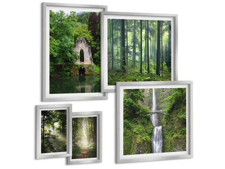 BILDER SET 5er Set - 50x50 cm & 20x30 cm & 40x60 cm Silberner Rahmen - Grüne Wälder, Lichtstrahlen