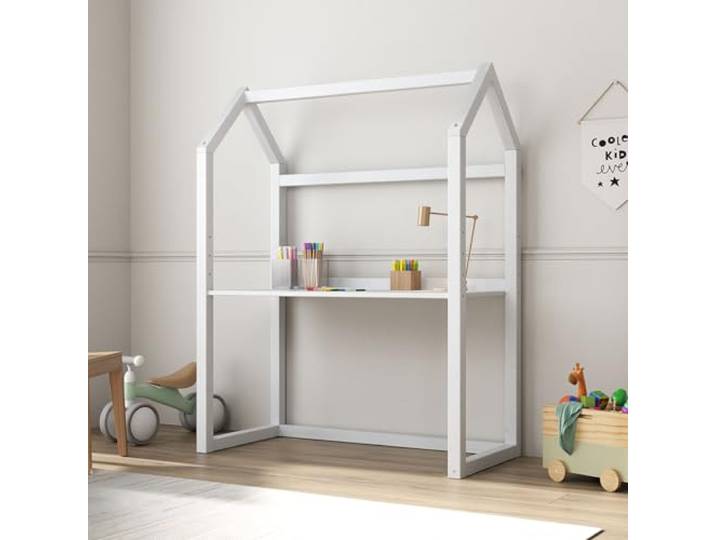 IDIMEX Kinderschreibtisch Tina in Hausform, weiß - höhenverstellbarer Schreibtisch für Kinderzimmer, mitwachsend und individuell anpassbar, aus Kiefer Massivholz