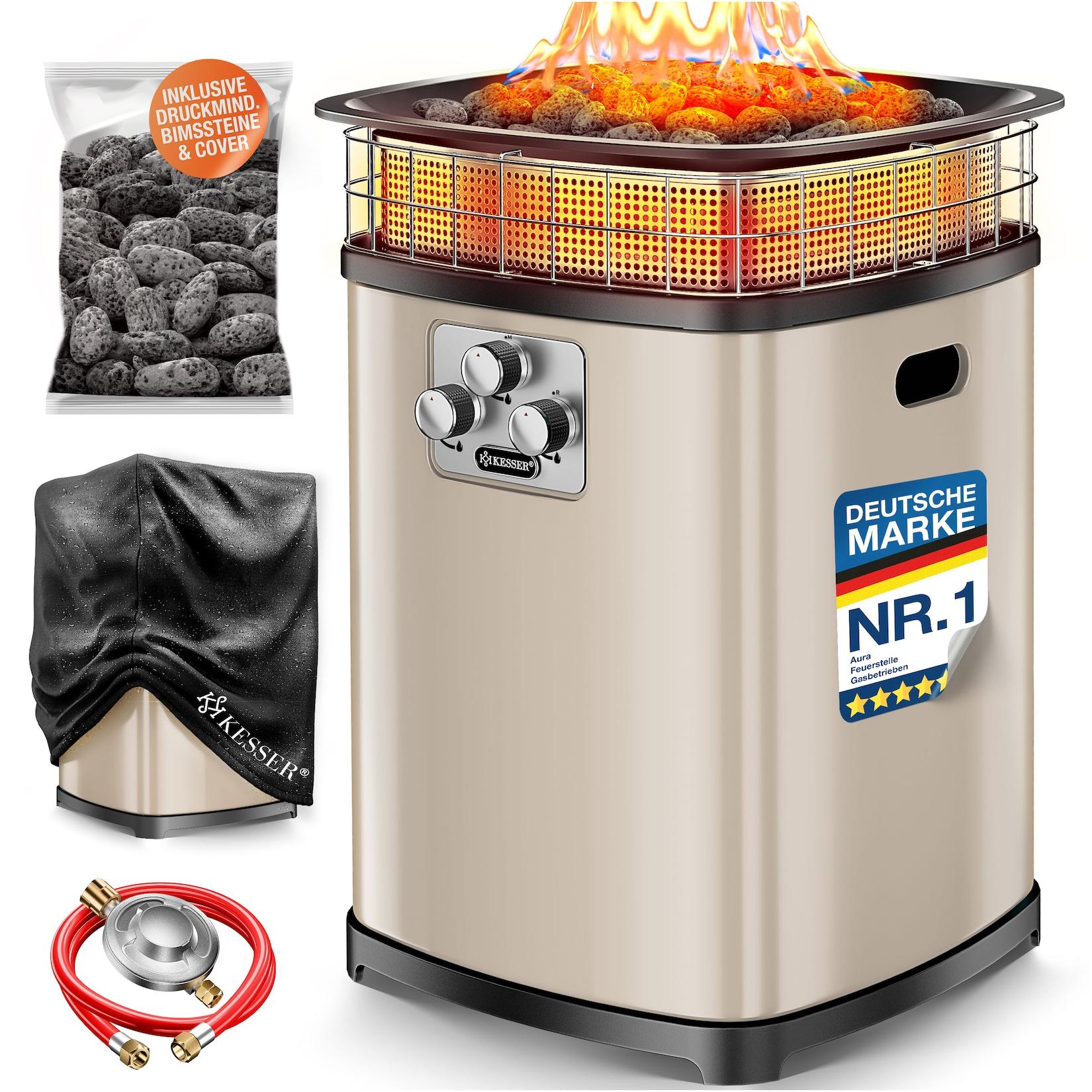 KESSER® Gas-Feuerstelle Aura, 18 kW Heizer, Outdoor, 360° Wärmeverteilung, Terrassenfeuer für Garten, Terrasse & Balkon, bis 120 m², Bimssteine, Schutzcover, Deckel, 6 Std. Brenndauer, IP54