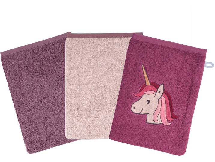 Waschhandschuh WÖRNER Einhorn , mauve, B:15cm L:21cm, Frottee, Handtücher, Waschhandschuh, 3er-Set, mit Stickerei