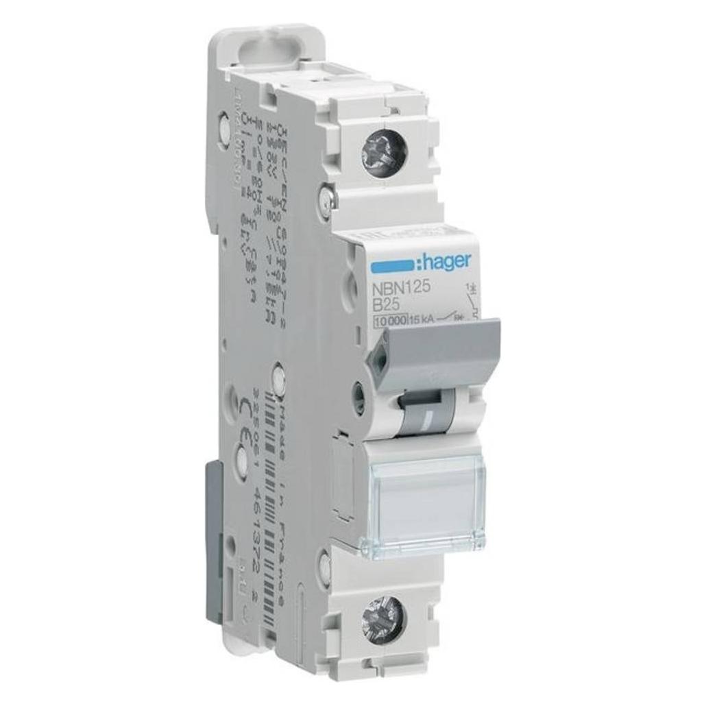 Hager NBN125. Anzahl der Pole: 1P. AC Eingangsfrequenz: 50/60 Hz, Nominale Stromabgabe: 25 A. Breite: 17,5 (NBN125)