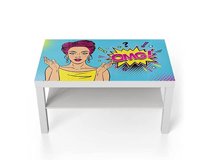 DEQORI Glastisch weiß groß 90x50 cm Motiv Comic-Frau erstaunt: OMG ausgefallener Beistelltisch aus Glas Hochglanz Couchtisch fürs Wohnzimmer moderner Couch Tisch mit Design