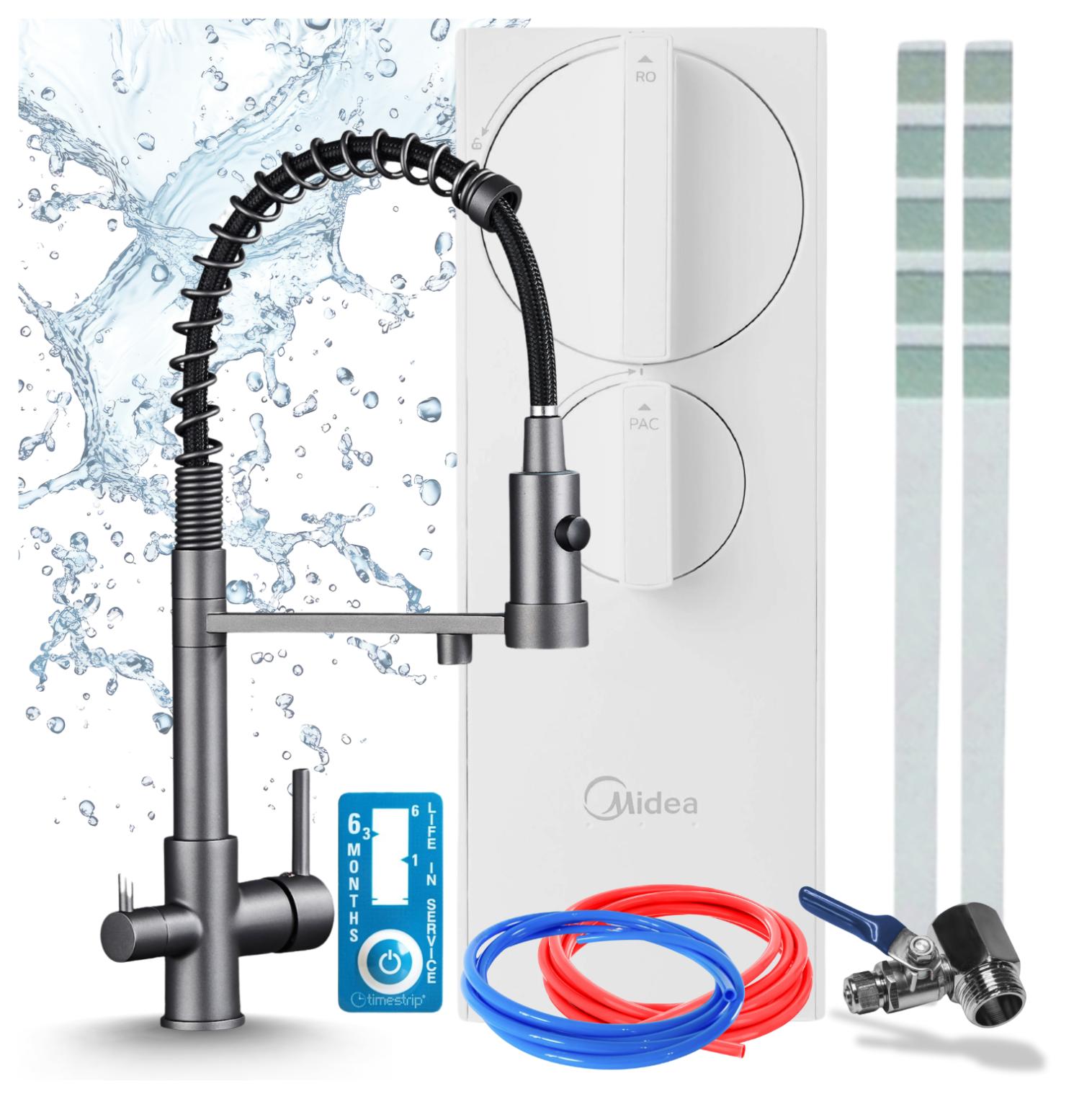 3-Wege-Küchenarmatur Mit Wasserfiltersystem Ari Solid Spring, Ro5 Umkehrosmose 400 Gpd, Tanklos, Messing, Graphit, Keramikkartusche, Perlator