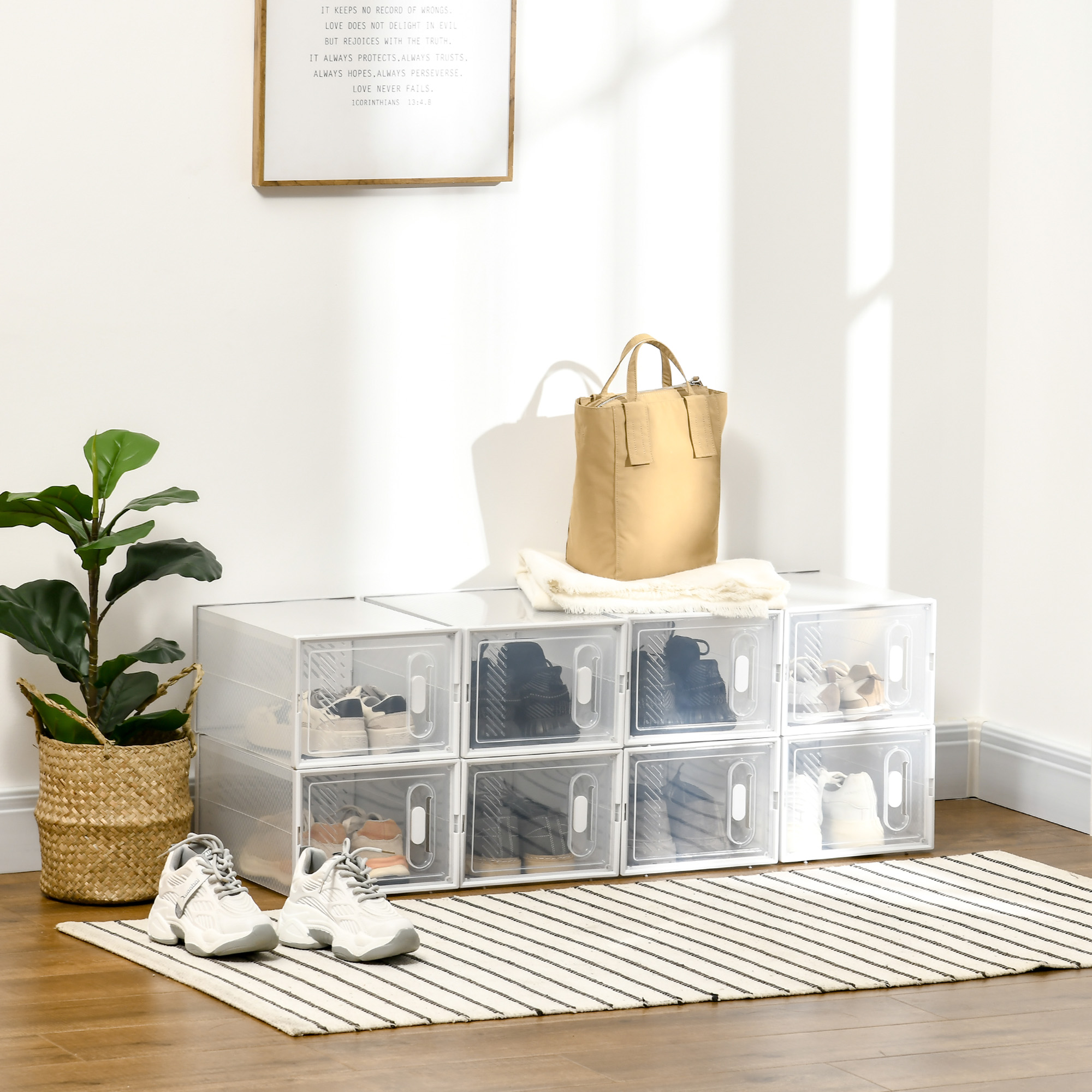 Homcom Scarpiera Modulare in PP con 8 Cubi Contenitori e Porta Magnetica, 25x35x19 cm, Bianco e Trasparente   Aosom Italy