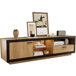 OKWISH LED TV-Ständer 160x40x50 cm mit App Steuerung Schublade Schrank Offene Ablagen für PS5 Xbox Switch Medien Schwarz Eichenfarbe