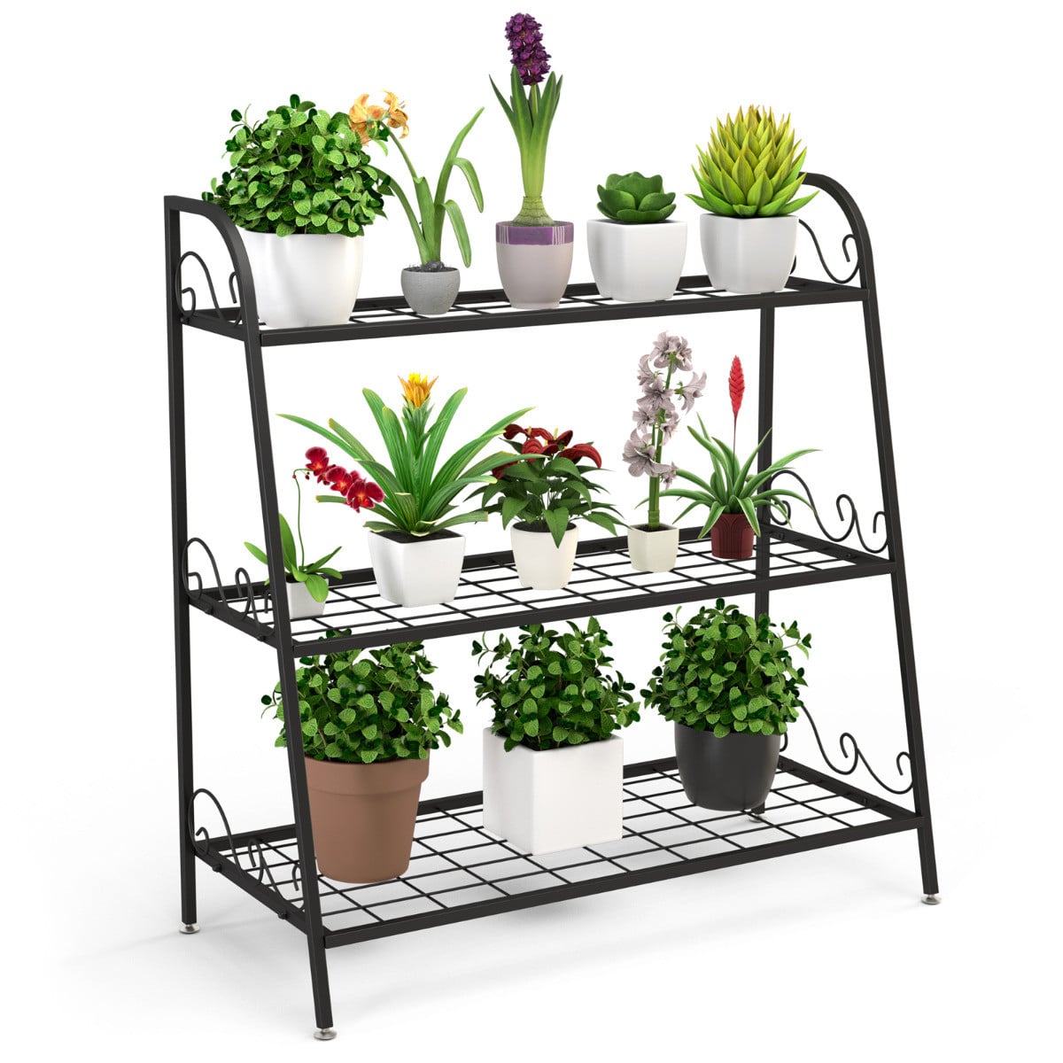 Costway 3-Lagen Metalen Plantenstandaard voor Binnen en Buiten, Multifunctionele Plantenplank en Bloemendispay