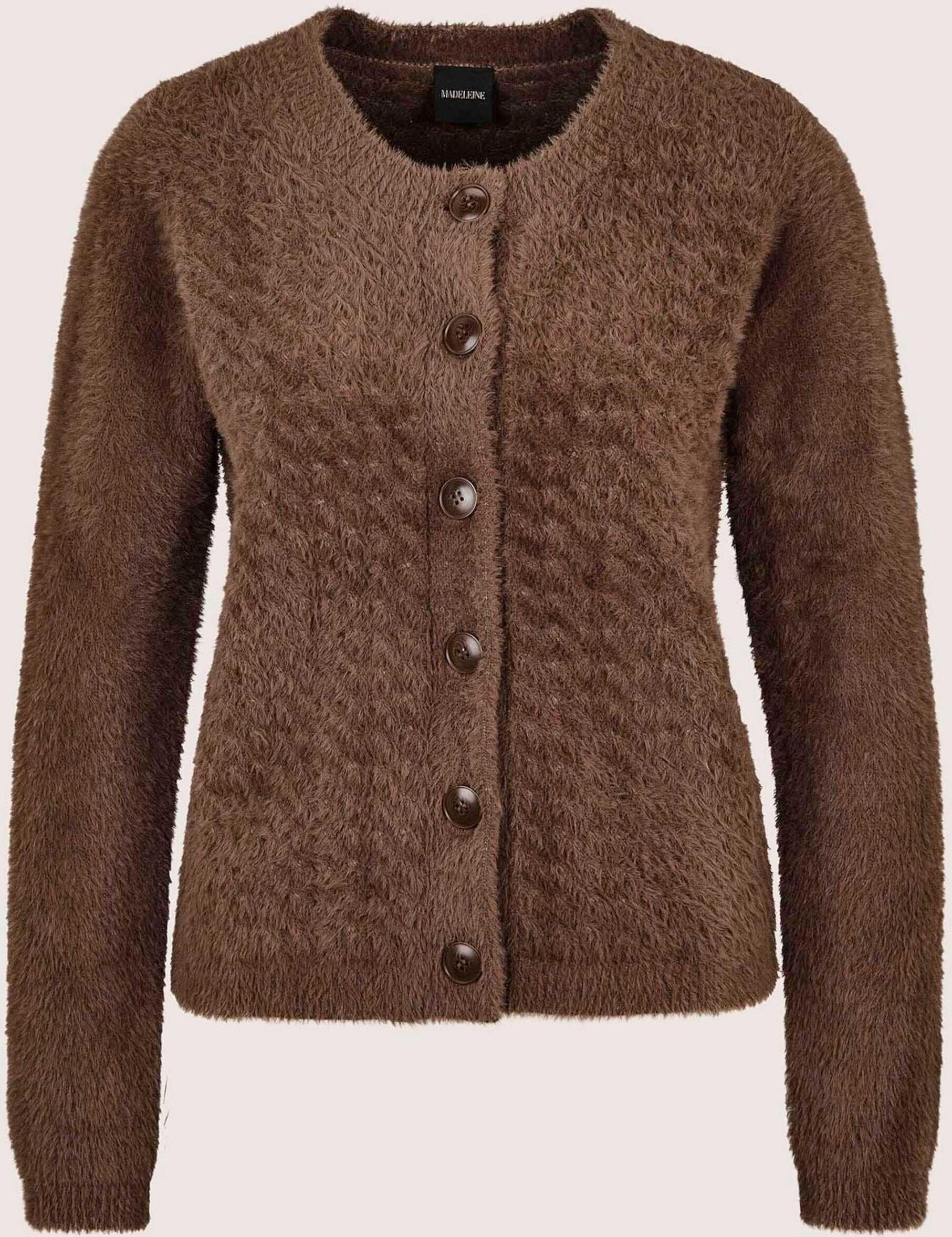 Strickjacke MADELEINE "Strickjacke Flauschige Strickjacke mit Wabenmuster", Damen, Gr. 36/38, braun (trüffelbraun), Modern, regular fit, Strickjacken Strickjacke