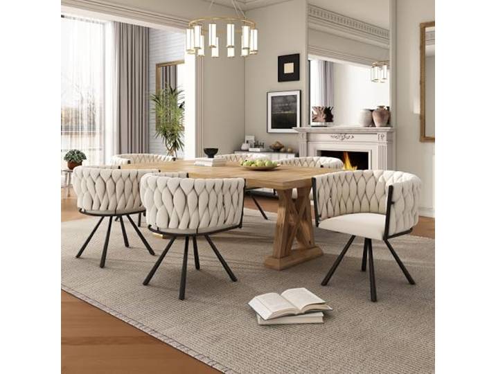 ModernLuxe Samt-Esszimmerstuhl 6er Set, Luxus-Drehstuhl mit 360°-Funktion, moderner Sessel für Wohnzimmer und Schlafzimmer, Freizeit-Drehstuhl mit stabilem Metallrahmen, ergonomisches Design beige