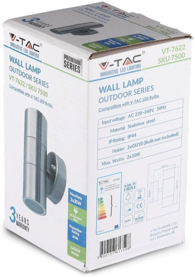 V-Tac Portalampada Da Muro Led Acciaio Inossidabile Applique 2xgu10 Grigio Satinato Ip44 Sku 7500